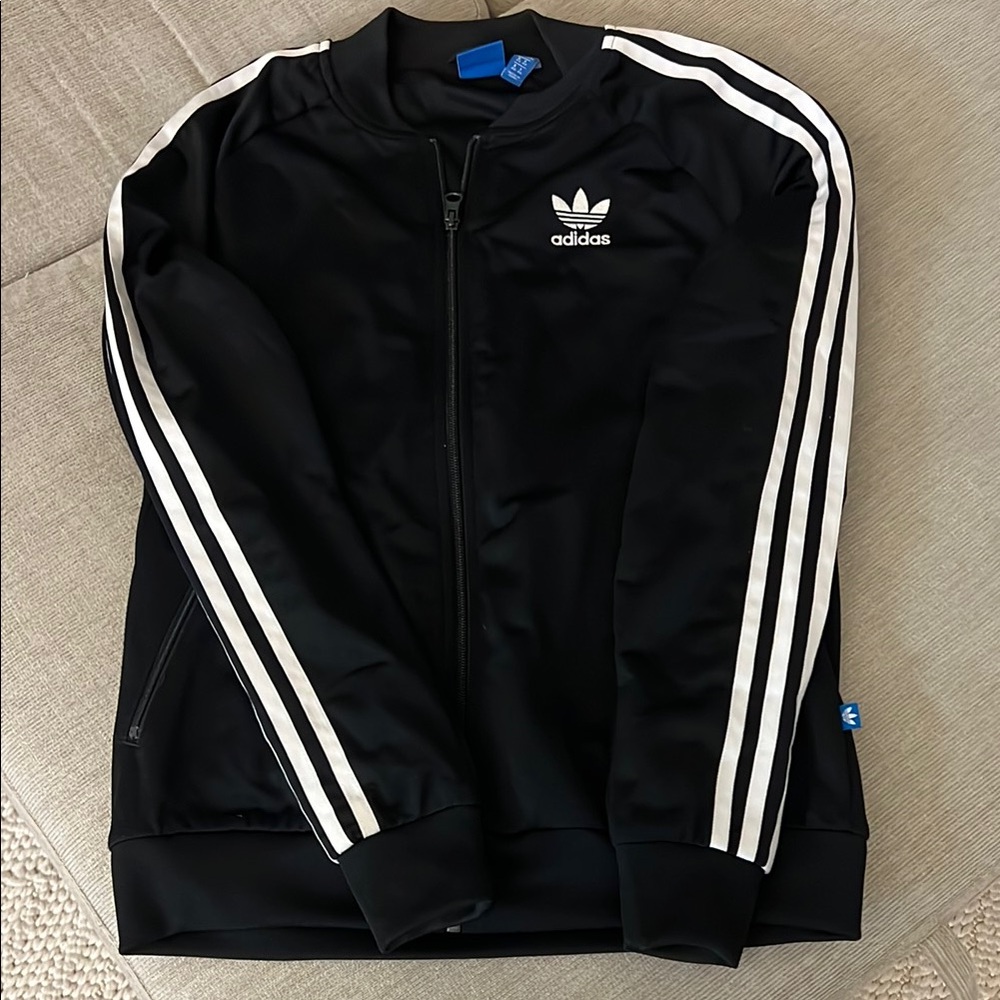 Adidas Black and White Bomber Jacket with Iconic Stripes